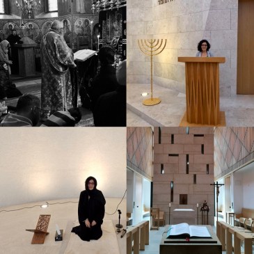 Four images: Orthodox priest proclaiming the Word, A Jewish woman in the bimah, a Muslim woman close to the mimbar, and a Church with an ambo